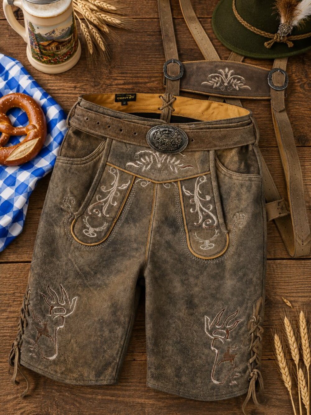 Genuine Suede Lederhosen Men Oktoberfest German Outfit with Belt